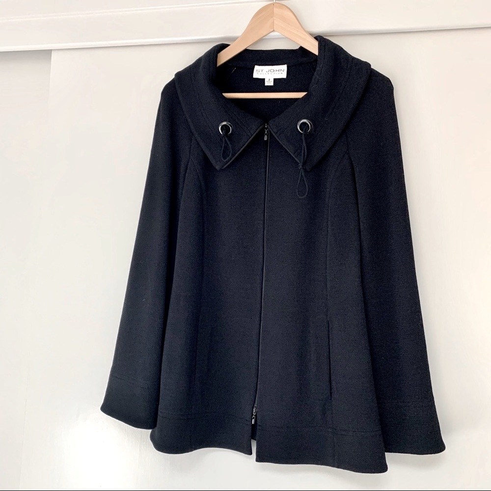 NWOT ST. JOHN Long‎ Black Coat, Zipper Front